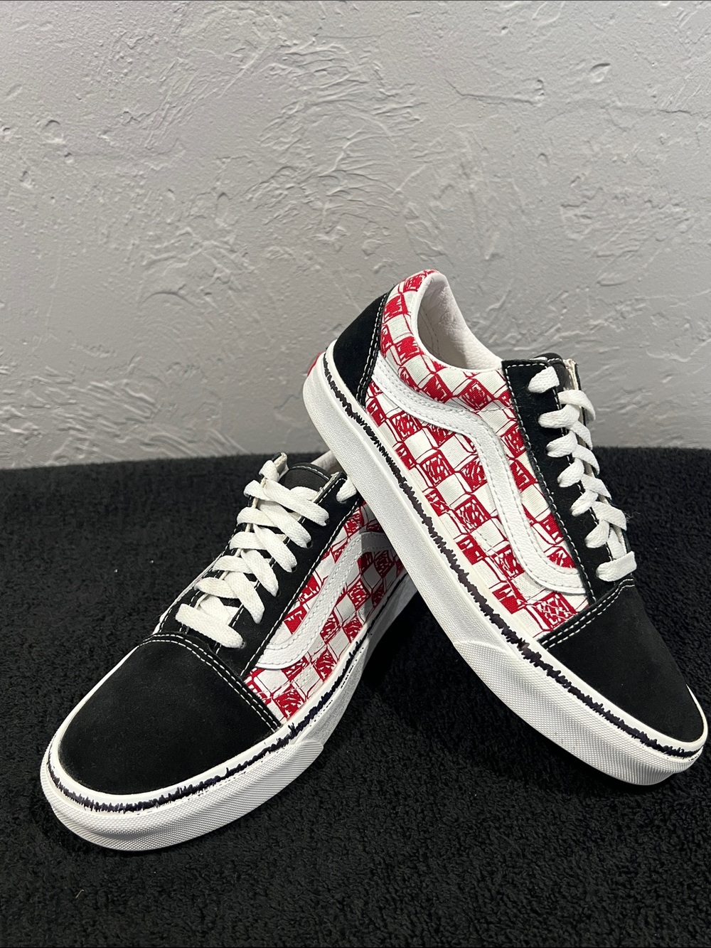 🔥🔥 VANS Old Skool Low Sketch Blk/Red/Wht Checkered Sneakers  Men 5.5 / Women 7